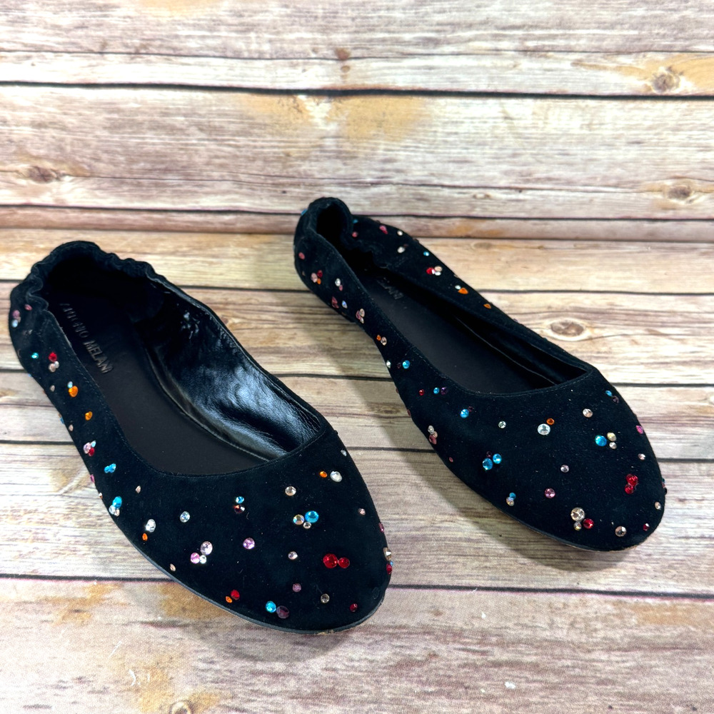 Antonio Melani Womens Black Suede Ballet Flat Shoes w/ Colorful Rhinestones 9.5